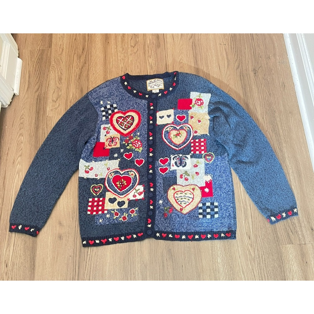 Heirloom Collectibles Cardigan Large Blue Heart Floral Embroidered Cottagecore
